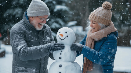 Joyful older couple building a snowman in a snowy backyard, bundled in warm clothing, soft overcast lighting