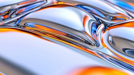 Abstract Liquid Metal Swirls Silver, Orange, and Blue Hues