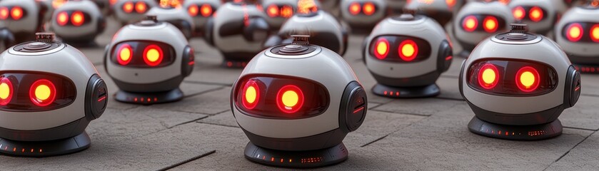 Fototapeta premium A group of futuristic robots with glowing red eyes arranged closely together, Futuristic CI automation visualization image