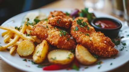 Fototapeta premium Crispy Fried Fish Served with Golden French Fries and Tartar Sauce