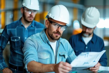 Three construction workers in helmets examine blueprints, showcasing teamwork and planning in a professional environment.