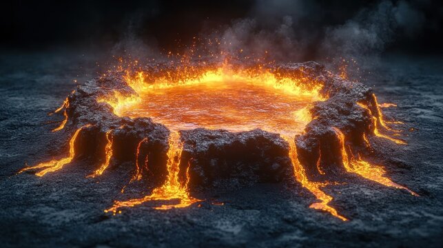 Fiery volcanic crater with lava flowing.
