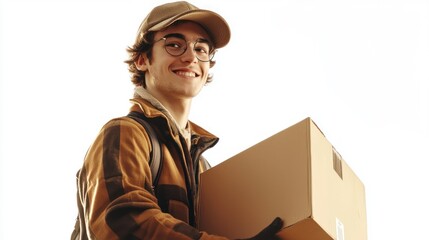 High resolution image showcasing ultra photo realistic, a young European man courier holding a cardboard box and smiling