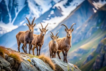 Fototapeta premium Minimalist Alpine Ibex Photography: Majestic Mountain Goats, Wild Ibex Herd, Swiss Alps Wildlife, Capra Ibex, Mountain Wildlife Photography