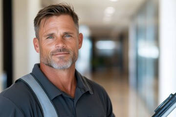 Obraz premium A confident man stands in a modern office, exuding professionalism and approachability, perfect for representing leadership and business environments.