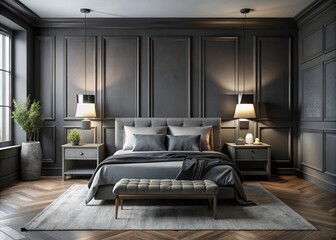 Minimalist Bedroom 3D Render: Classic Style, Black Wood Wall, Concrete Floor, Mockup Frame