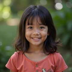 A young girl from Thailand enjoys the outdoors, flashing a bright smile while surrounded by lush greenery on a sunny day. Her joyful expression captures the essence of childhood bliss. Generative AI