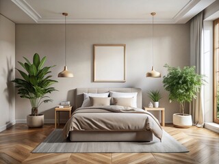 Minimalist Bedroom Design: Beige Linen Bed, Square Frame Mockup, Plant Photography