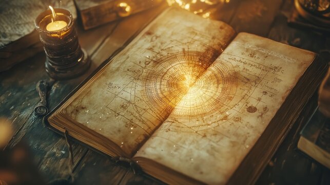 Glowing diagram of a natal chart and an open magic book