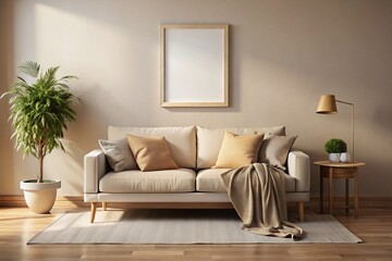 Minimalist Beige Living Room Long Exposure Photography: Blank Frame, Sofa, Cozy Decor