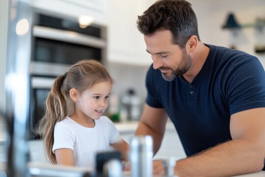 A joyful father engages with his daughter at the kitchen table, fostering creativity and teamwork through hands-on activities, showcasing their strong bond and shared interests.