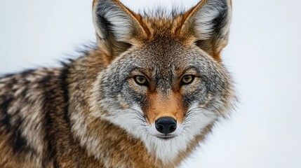Obraz premium Close-Up Portrait of a Coyote Displaying Intriguing Features and Intensity in Its Gaze Against a Soft, Blurred Background of Natural Habitat