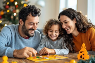 Fototapeta premium A joyful family playing a board game together during the holiday season, surrounded by festive decorations and a warm atmosphere.