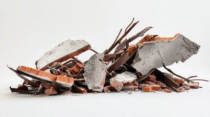 Pile of Demolished Building Material Including Broken Brick, Concrete, and Metal Rebar on a Clean White Surface for Construction and Renovation Projects