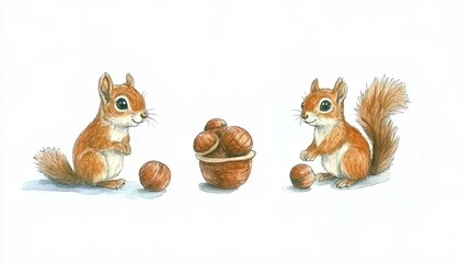 Naklejka premium watercolor illustration cute animal pictures illustration childlike concept. Two adorable squirrels sit beside a bowl of acorns, showcasing their playful nature and love for foraging.