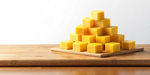 A pyramid of golden yellow cheese cubes rests on a light brown wooden cutting board