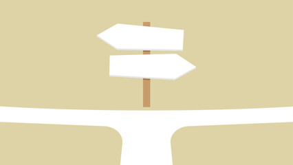 A signpost with two blank arrows pointing in opposite directions, positioned at a fork in the road on a beige background © MAHIJO