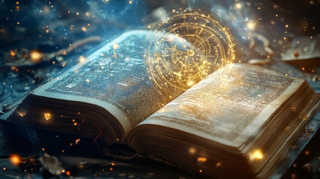 Glowing diagram of a natal chart and an open magic book