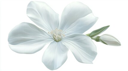 Delicate White Flower with Soft Petals and Fresh Green Buds on White Background Evoking Tranquility and Elegance of Nature's Beauty
