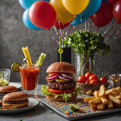 A Bloody Mary topped with a mini burger slider, served at a festive brunch gathering with colorful balloons and confetti.