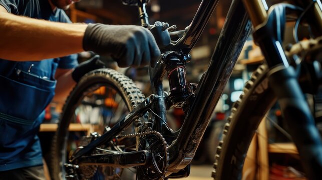 Mountain Bike Repair Mechanic Servicing Shock Absorber and Frame