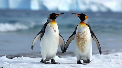 Fototapeta premium Penguins interact playfully along a snowy coast with icy formations in the backdrop under a clear sky