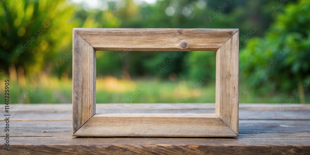 Poster rustic wooden frame on weathered wood surface, set against a blurred natural background ideal for ad