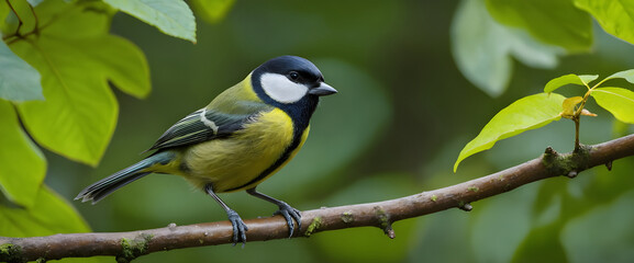 Obraz premium Great Tit Perched Gracefully on a Leafy Branch in Natural Surroundings.