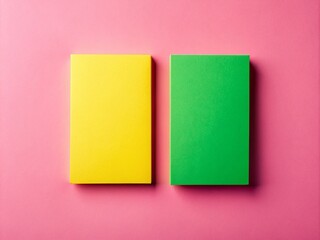 Fototapeta premium Minimalist Color Block Photography: Green and Yellow Cards on Pink Background - Architectural Design Inspiration
