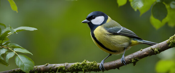 Great Tit Perched Gracefully on a Leafy Branch in Natural Surroundings.
