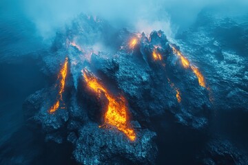 Lava flows erupting from a volcanic landscape during twilight in a remote area