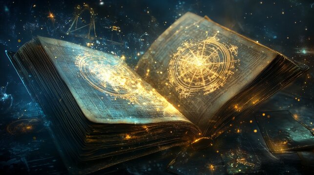 Glowing diagram of a natal chart and an open magic book