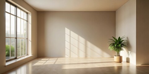 Obraz premium Sunlit Empty Room with Large Window and Potted Plant