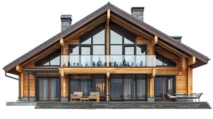 Large glass windows and a contemporary wooden house, isolated on a white background