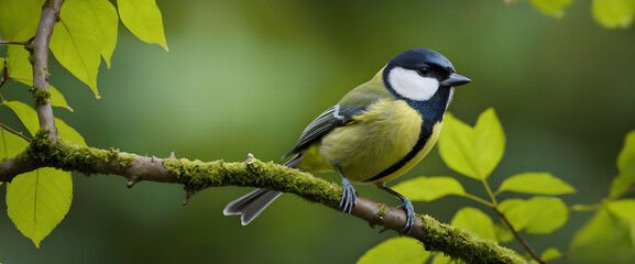 Great Tit Perched Gracefully on a Leafy Branch in Natural Surroundings.