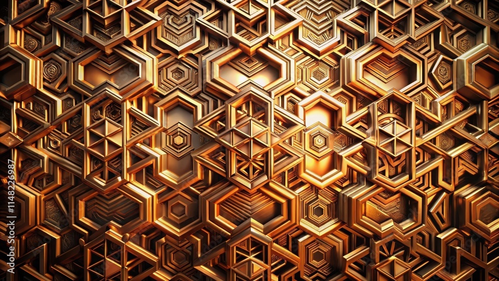 Poster Intricate Golden Geometric Hexagon and Triangle Pattern Design