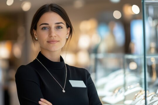 A sophisticated jewelry saleswoman stands confidently, with her arms crossed, in a stylish store lighting that highlights the shimmering collections of exquisite jewelry pieces.
