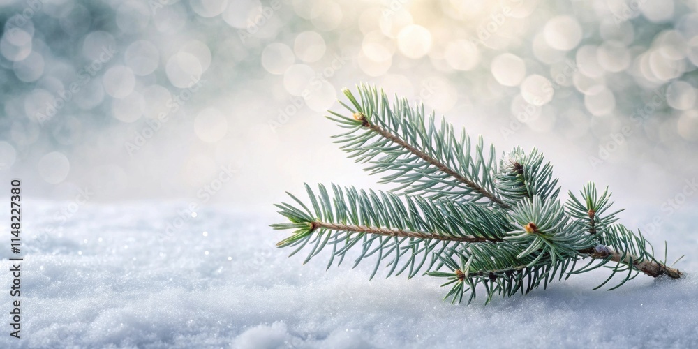 Poster serene winter scene evergreen branch rests gently on pristine snow, illuminated by soft, ethereal li