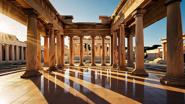 Ancient Architectural Columns with Sunlight Casting Shadows on a Polished Floor in a Historic Open Courtyard

