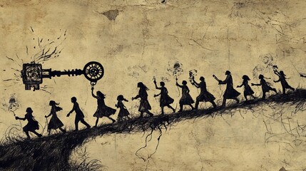 illustration of windup key men manipulation, abstract surreal concept