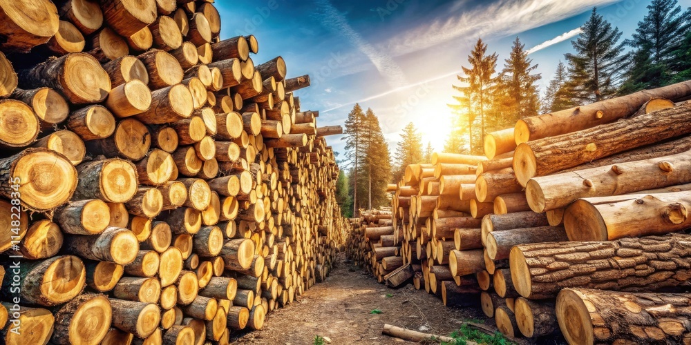 Poster Sunlit Stacks of Timber Logs in a Forest Setting