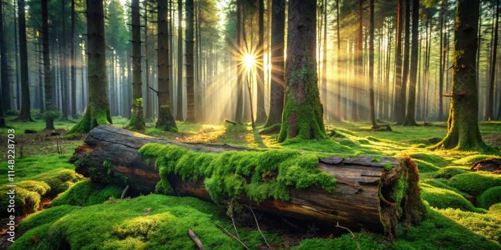 Poster sunbeams illuminate mossy forest floor with fallen log