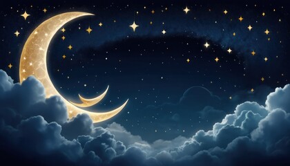 Naklejka premium Eid al fitr crescent moon cloudscape night stars