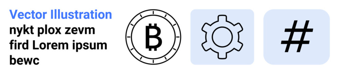 Bitcoin symbol, gear cog, and metadata tag in separate boxes. Placeholder text simulates content layout. Ideal for cryptocurrency, technology, social media, digital currency, customization, settings