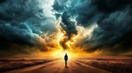 Person walks towards storm.