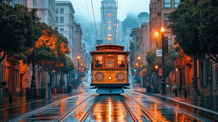 Obraz premium Foggy city street with vintage cable car.