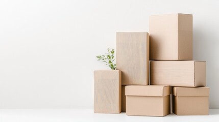 Stacked cardboard boxes with a small plant on a white background.