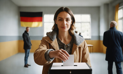 an adult woman, German woman, goes to vote, voters in the polling station cast their vote in the federal election in Germany, ballot paper in hand throwing into the ballot box