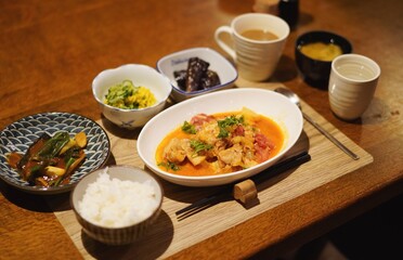 Traditional Japanese Dinner with Rice and Soup