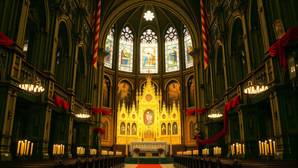 Obraz premium A majestic church interior with intricate stained glass windows, ornate altar, and rows of candles casting a warm glow